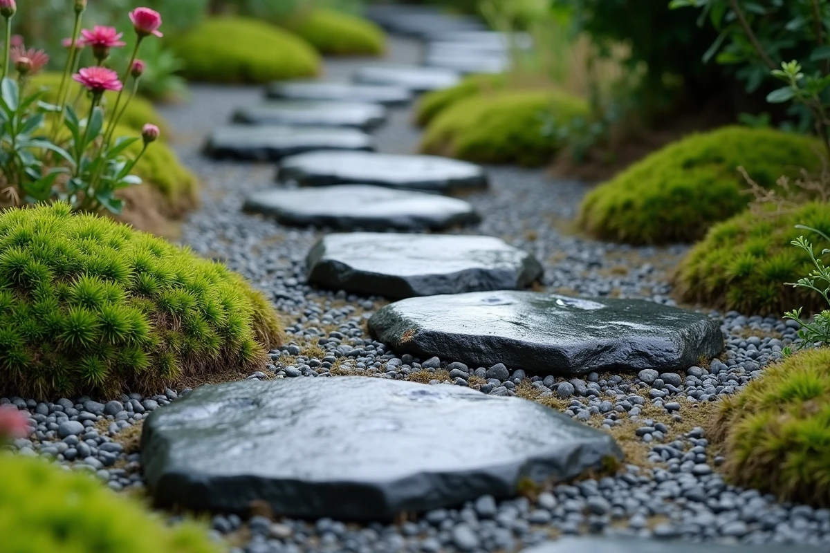 Allée en pas japonais en basalte sombre serpentant à travers un jardin de graminées et mousses