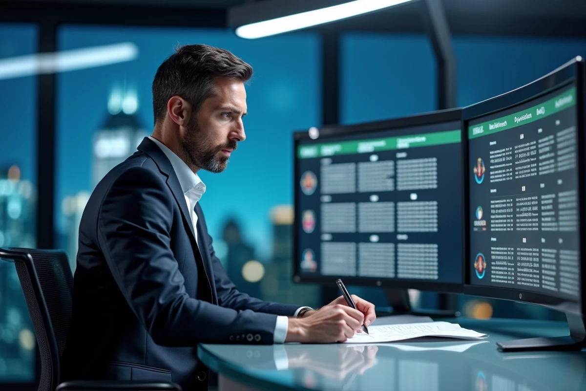 Analyste sportif en studio regardant des statistiques sur moniteurs