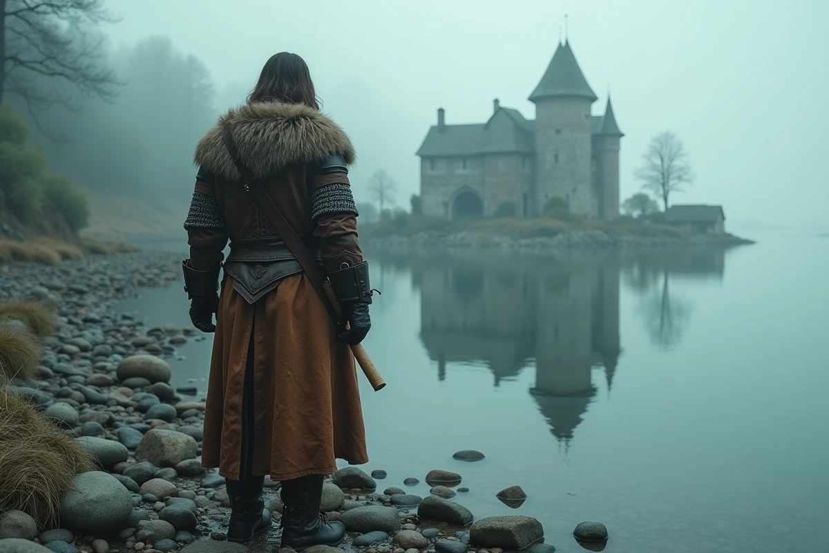 Aventurier en armure médiévale contemplant le manoir du lac dans Skyrim depuis la rive rocheuse brumeuse
