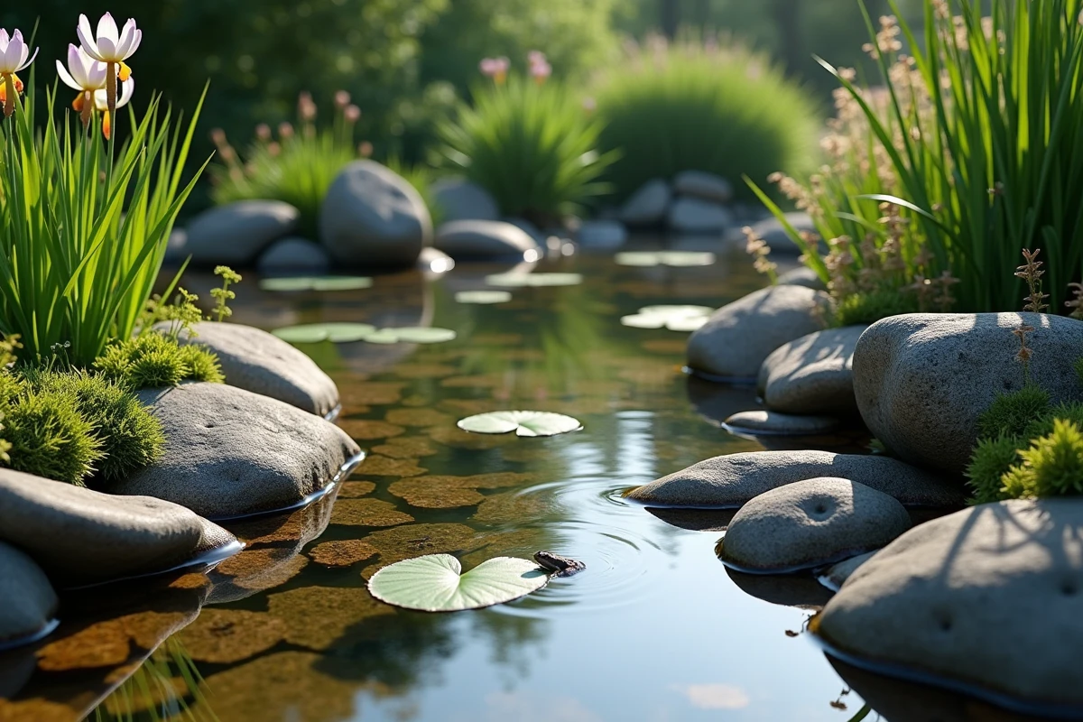 Bassin naturaliste avec plantes filtrantes, nénuphars et faune aquatique dans un jardin