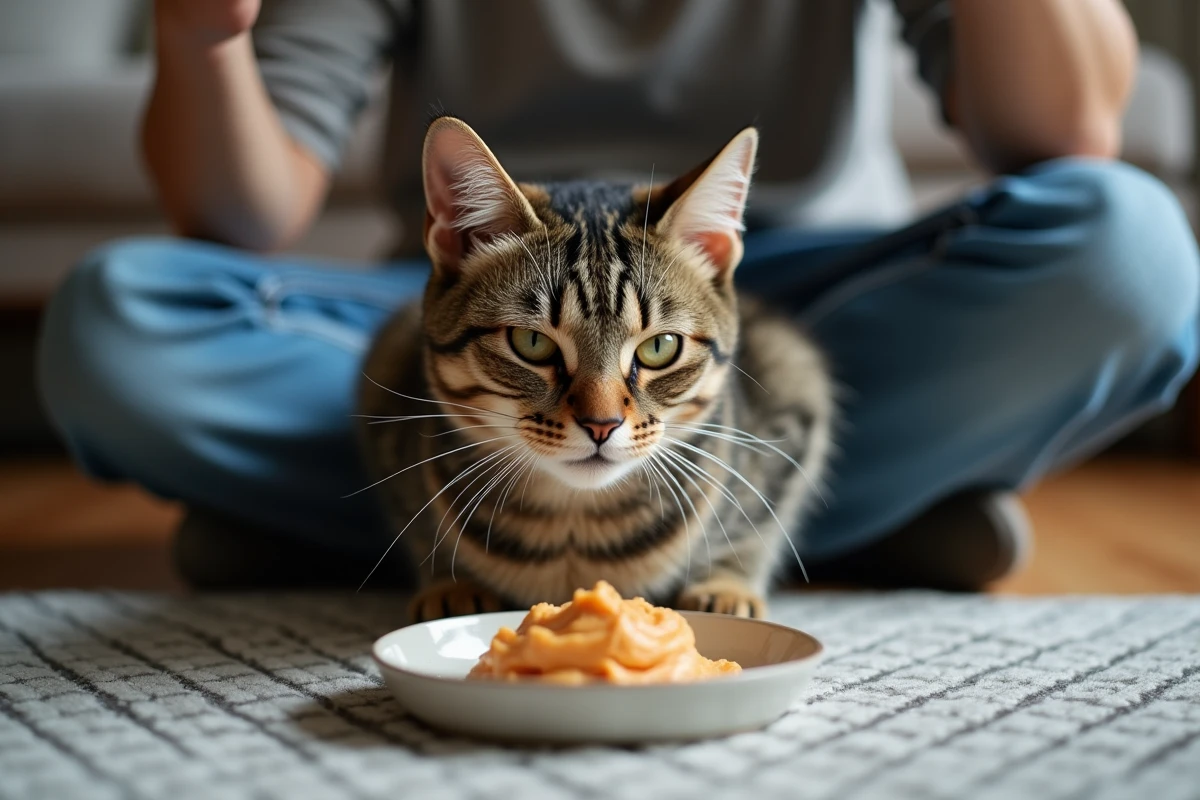 Chat mangeant de la pâté sur un tapis dans le salon