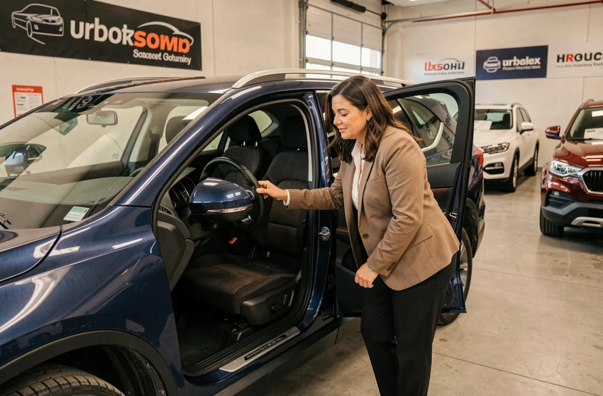 Femme inspectant l'intérieur d'un SUV dans un garage de vente de voitures d'occasion à Naninne