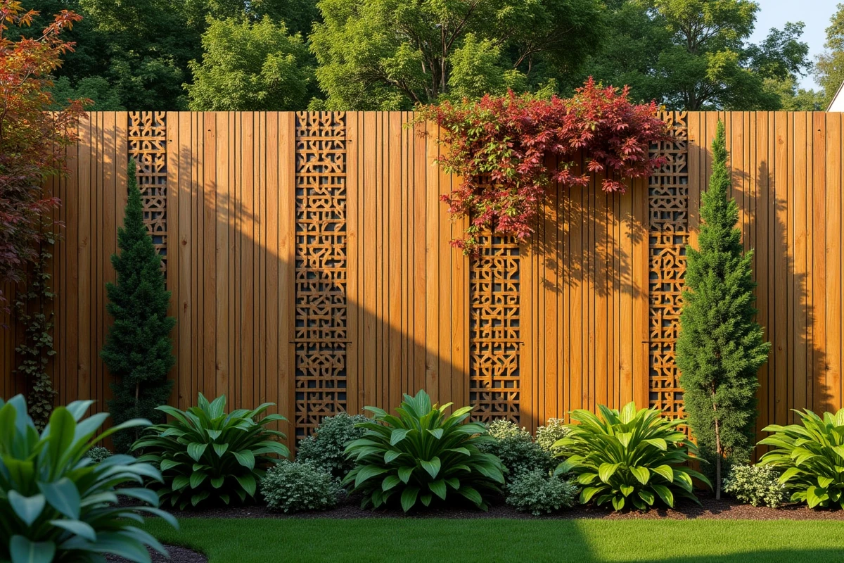 Clôture végétale en panneaux de bois ajourés avec plantes grimpantes jasmin et vigne vierge