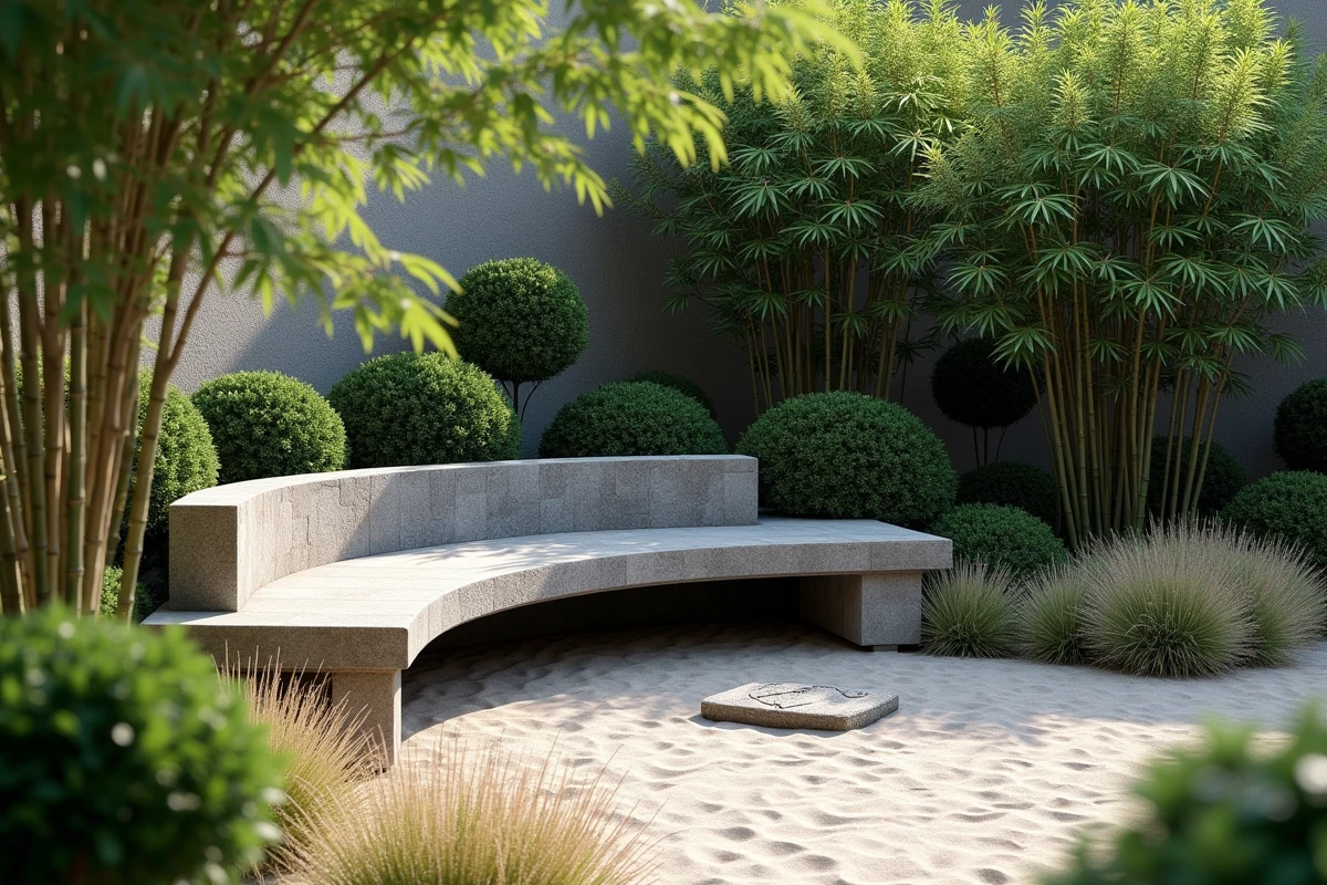 Coin méditation avec assise en pierre intégrée dans un mur de jardin entouré de bambous et graminées