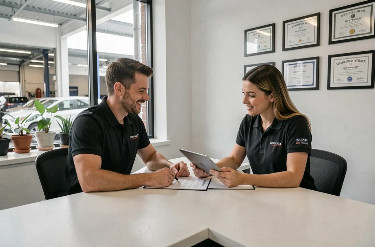 Conseiller automobile et client discutant d'un achat de véhicule dans le bureau d'un garage professionnel à Naninne