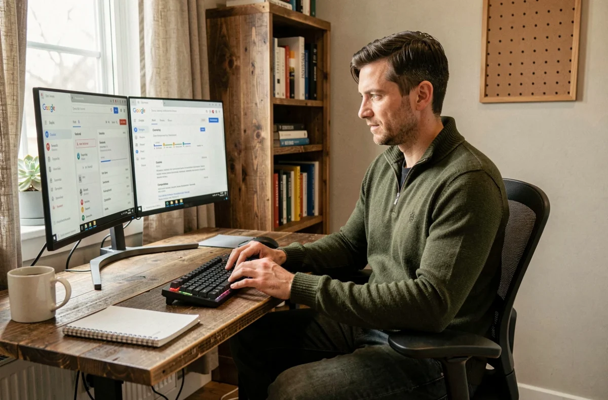 Consultant web freelance travaillant sur l'optimisation de la visibilité en ligne d'une entreprise depuis son bureau à domicile