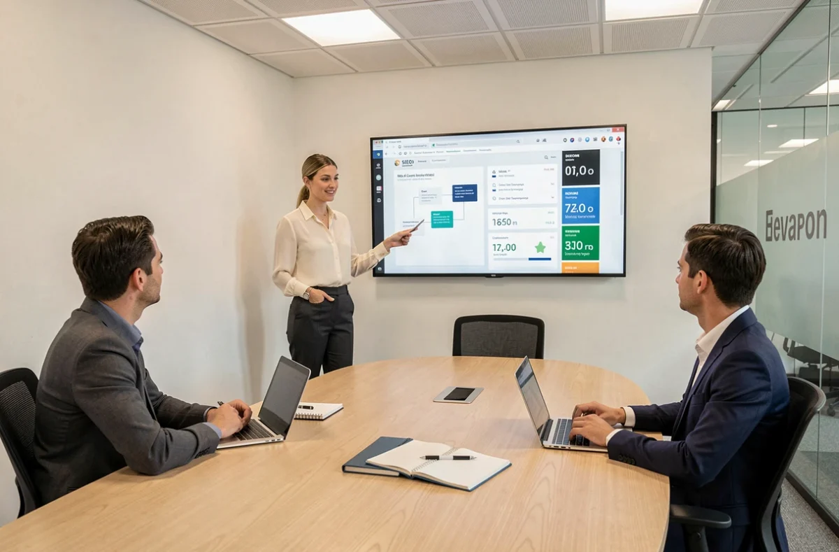 Consultante web présentant une stratégie de présence en ligne à des dirigeants d'entreprise en salle de réunion
