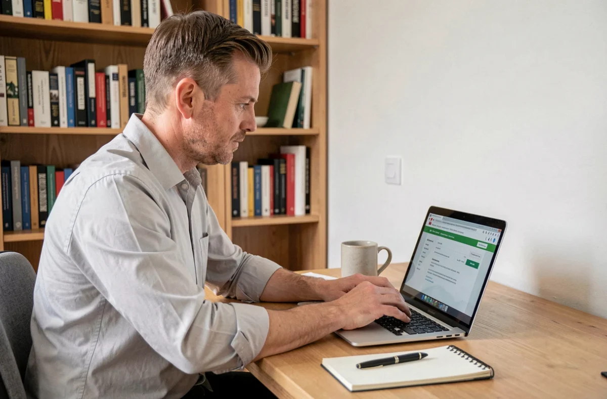 Homme en télétravail envoyant un email de contact à une agence de recrutement suisse depuis son bureau à domicile