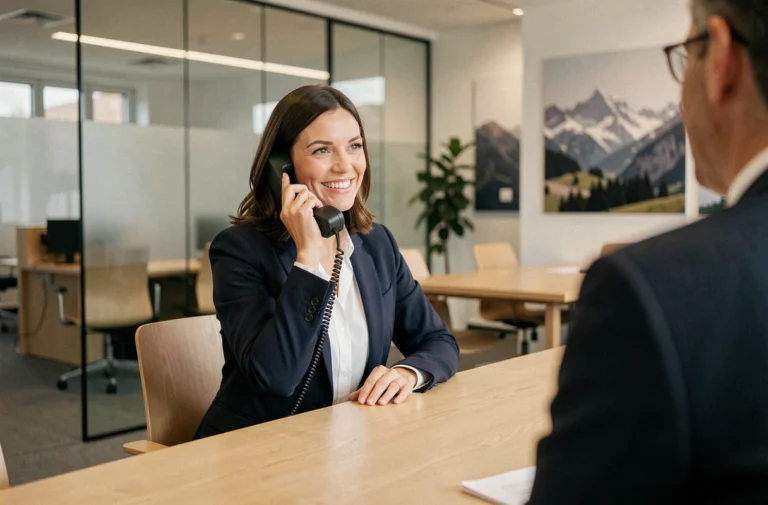 Femme professionnelle dans une agence de recrutement en Suisse répondant au téléphone à l'accueil