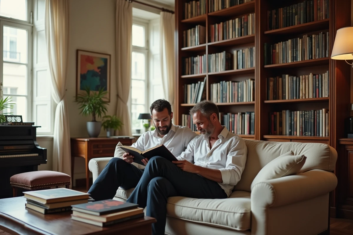 Deux hommes adultes dans leur appartement parisien partageant un moment de détente culturelle, illustrant une vie privée épanouie et complice