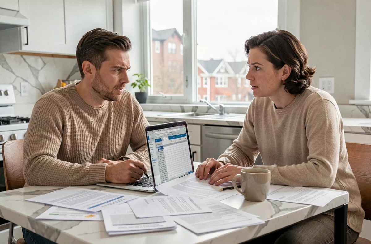 Couple étudiant leur dossier de demande de crédit immobilier à la maison