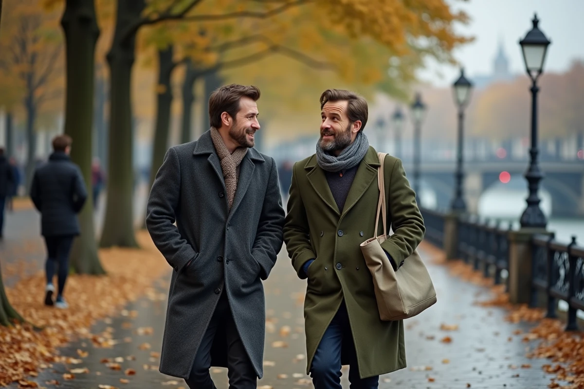 Deux hommes en couple se promenant sur les quais de Seine à Paris en automne, évoquant la complicité et l'intimité d'une vie partagée