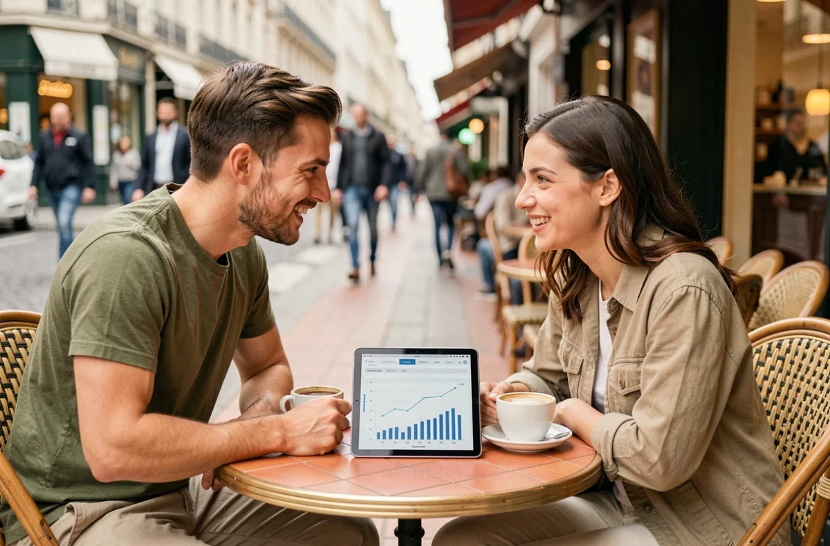 Deux jeunes entrepreneurs en discussion stratégique autour d'un café en terrasse parisienne