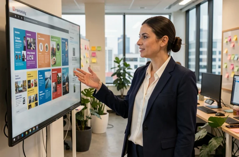Directrice créative dans une agence de publicité moderne présentant une campagne marketing sur écran numérique