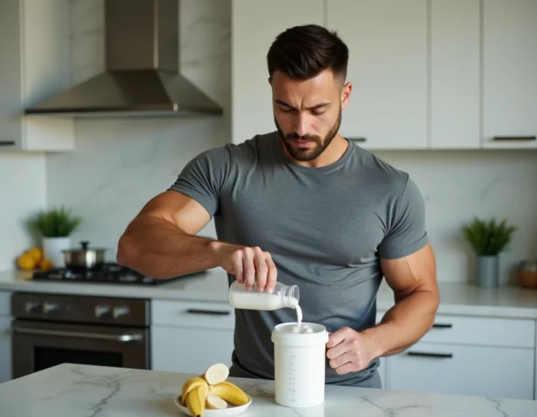Homme mesurant une dose de protéines en poudre dans une cuisine moderne, avec des compléments alimentaires visibles sur le plan de travail