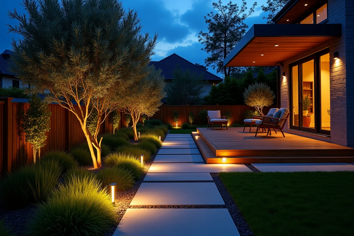 Éclairage basse tension de jardin au crépuscule avec spots de sol, balises de cheminement et uplights sur végétaux
