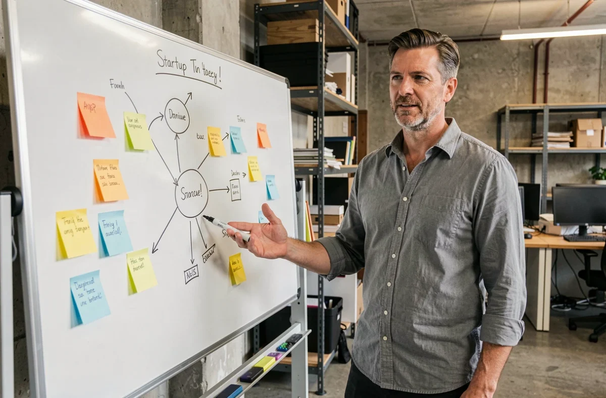 Entrepreneur masculin présentant sa stratégie startup sur un tableau blanc dans un bureau industriel