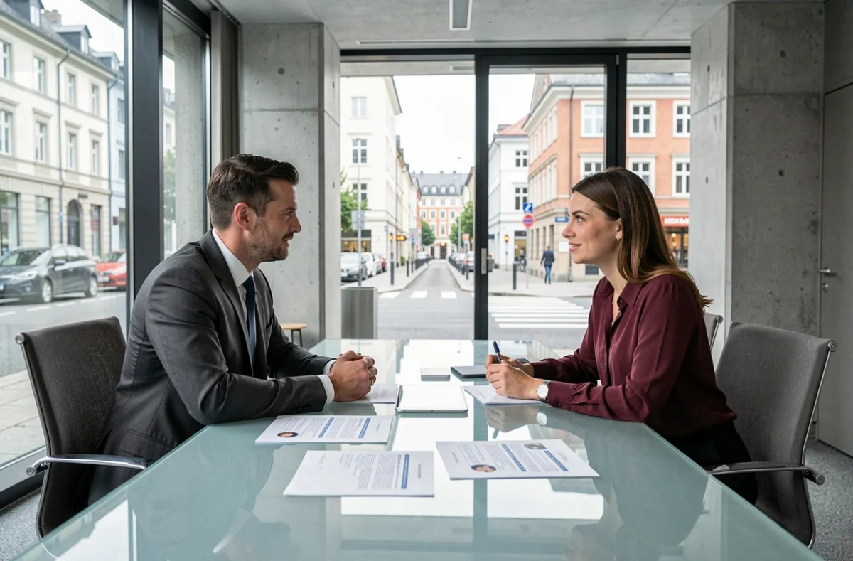Entretien professionnel entre un recruteur et une candidate dans une agence de recrutement en Suisse