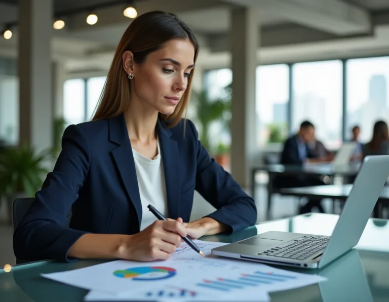 Femme d'affaires analysant des documents de financement dans un bureau moderne avec vue sur la ville