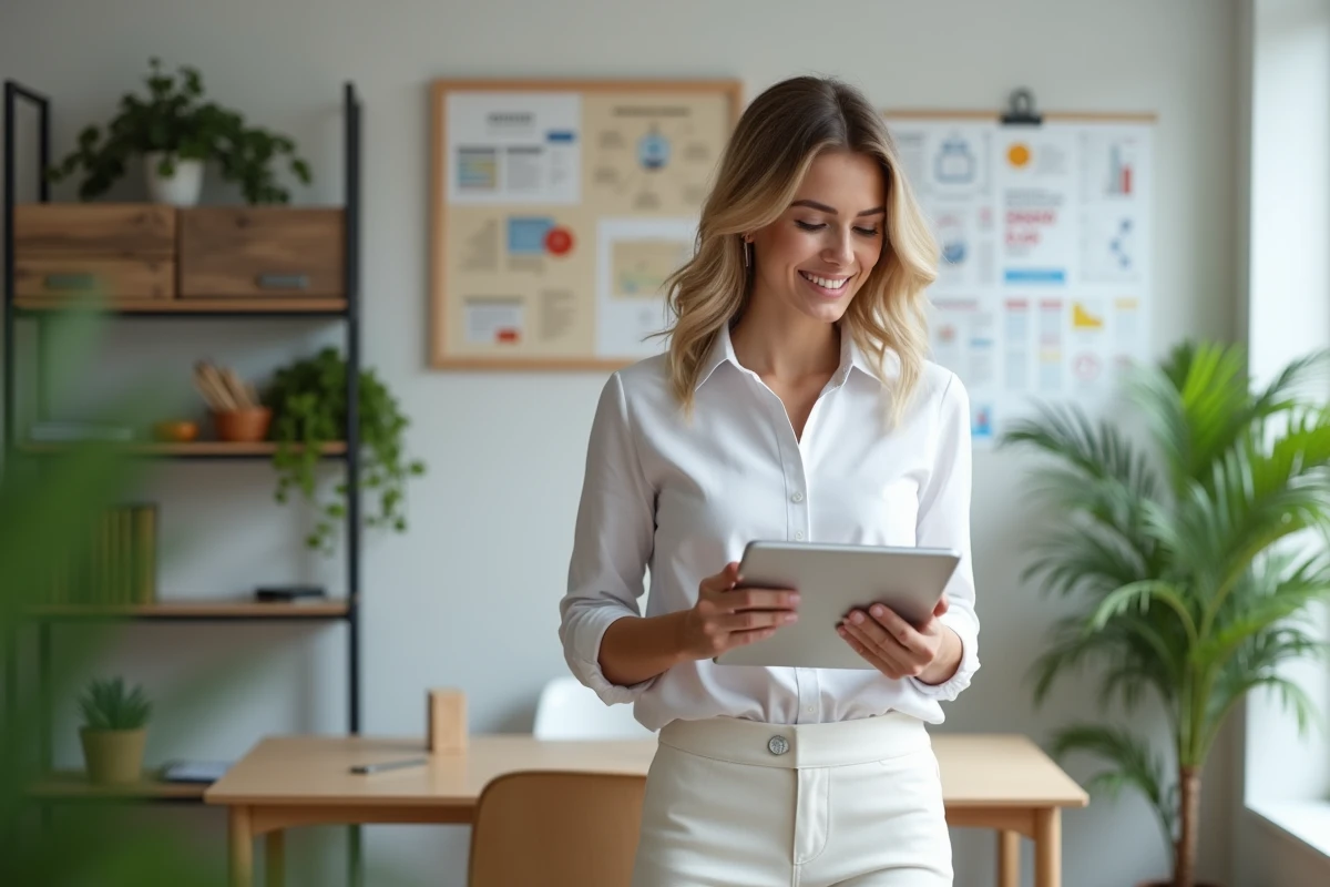 Jeune femme dans un bureau connecté utilisant une tablette