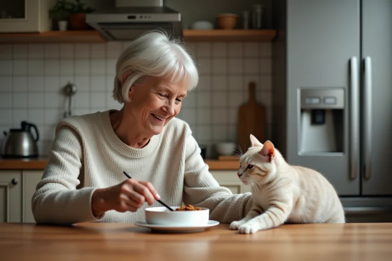Femme souriante donnant à manger à son chat dans la cuisine