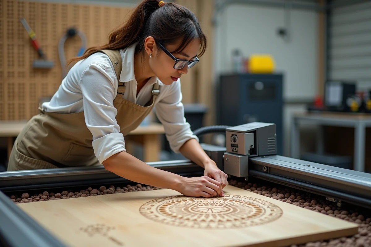 Femme utilisant une découpeuse laser dans un espace de fabrication collaborative moderne