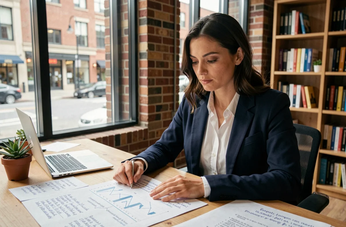 Femme entrepreneur concentrée sur son plan d'affaires dans un espace de co-working moderne