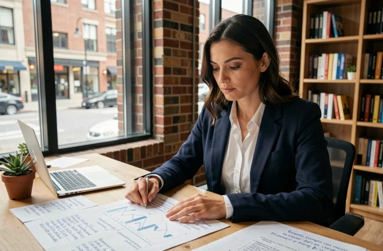 Femme entrepreneur concentrée sur son plan d'affaires dans un espace de co-working moderne