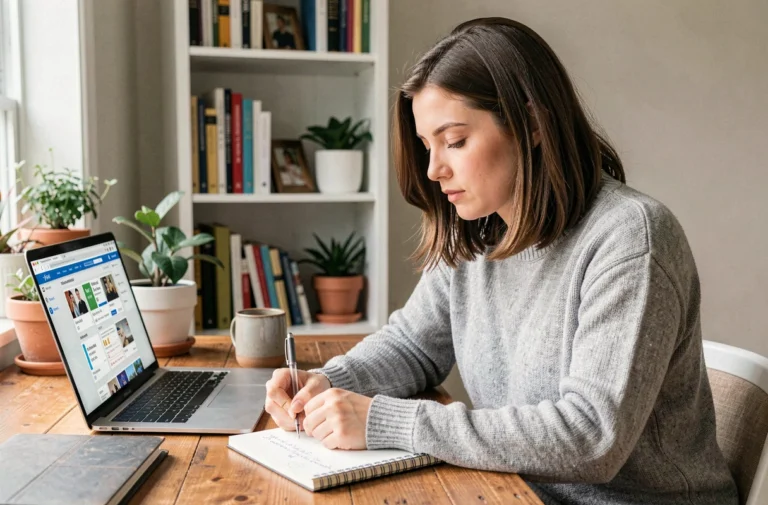 Femme en train de suivre une formation en ligne sur son ordinateur portable tout en prenant des notes dans un carnet, installée dans un bureau à domicile chaleureux