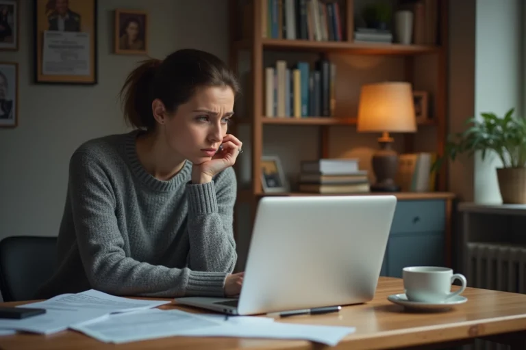 Femme frustrée devant son ordinateur tentant de modifier son RIB sur le portail France Travail