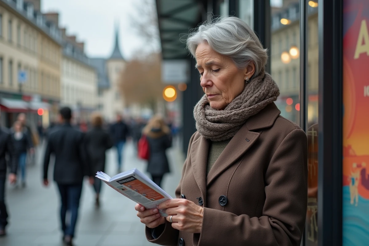 Femme lisant un programme près d un lieu moderne à Rennes