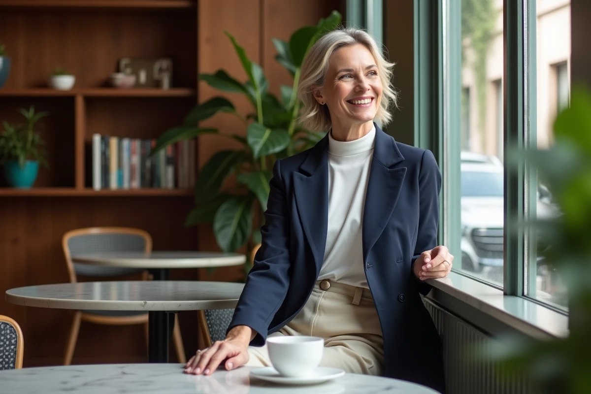 Femme mature souriante dans un café avec blazer bleu marine