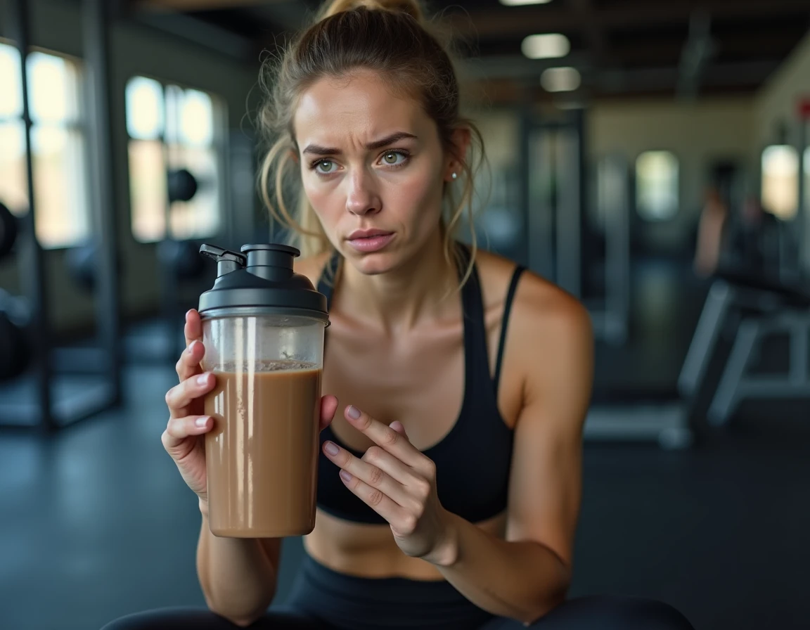 Femme tenant un grand shaker de protéines après l'entraînement avec une expression d'inconfort, illustrant les risques d'une consommation excessive