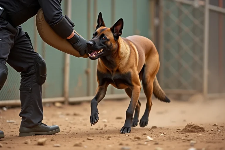 Malinois belge mordant un manchon de protection lors d'un entraînement K9 professionnel, illustrant la puissance de morsure de la race