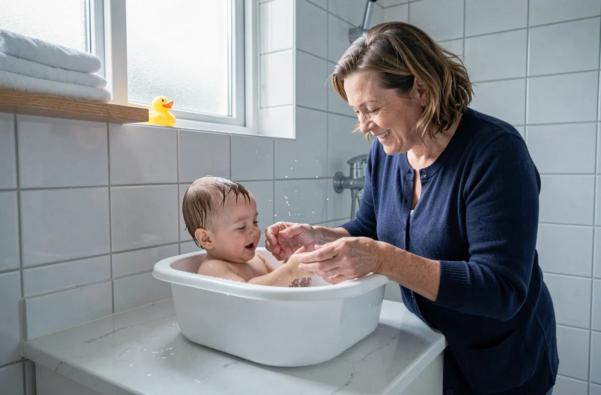 Grand-mère donnant le bain à son petit-enfant dans une salle de bain propre et organisée