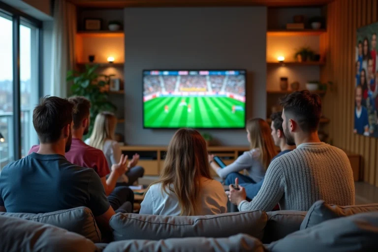 Groupe divers regardant un match de sport à la télé