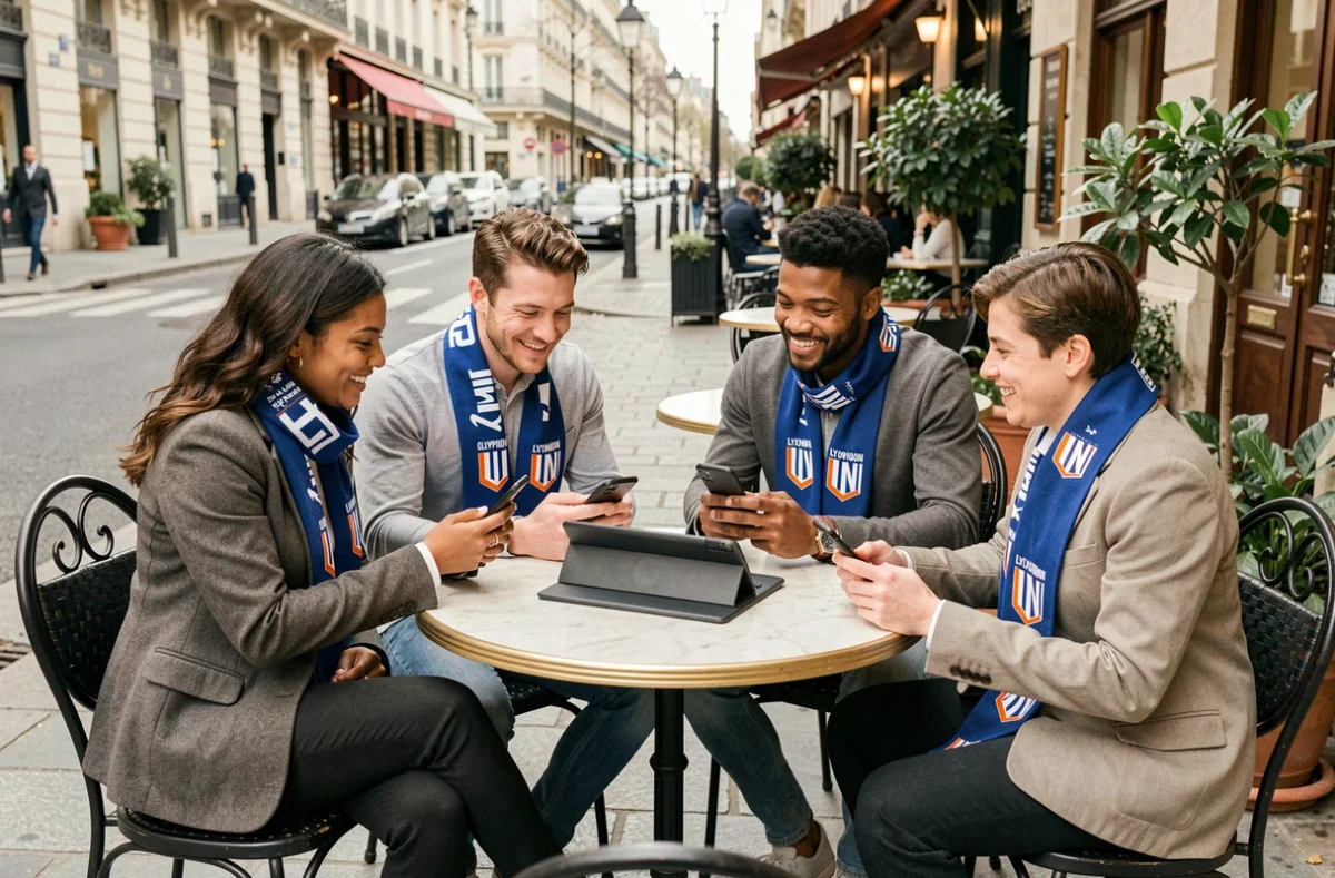 Groupe de supporters de l'Olympique Lyonnais réunis en terrasse de café partageant leur passion sur smartphone