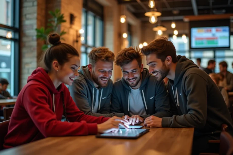 Jeunes adultes discutant autour d'une tablette en café sportif