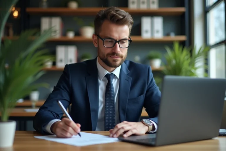 Homme d'affaires en costume bleu analysant des données cloud