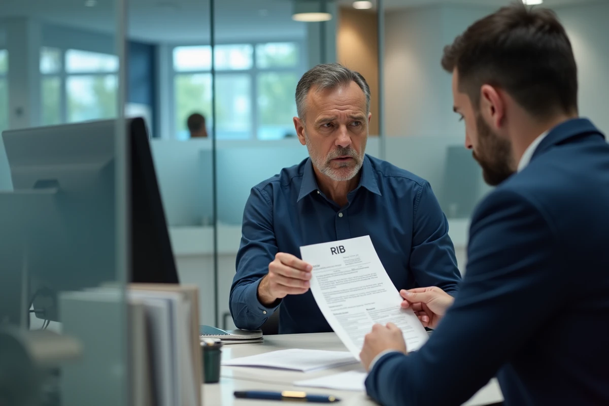 Homme consultant un conseiller bancaire pour résoudre un problème de changement de RIB auprès de France Travail