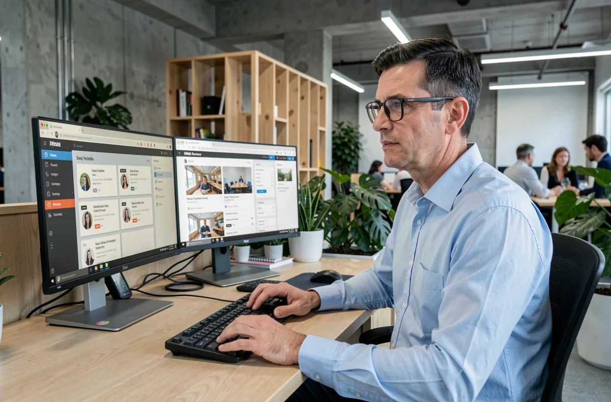 Homme adulte concentré sur des modules de cours en ligne dans un espace de coworking moderne avec double écran et tableau de progression