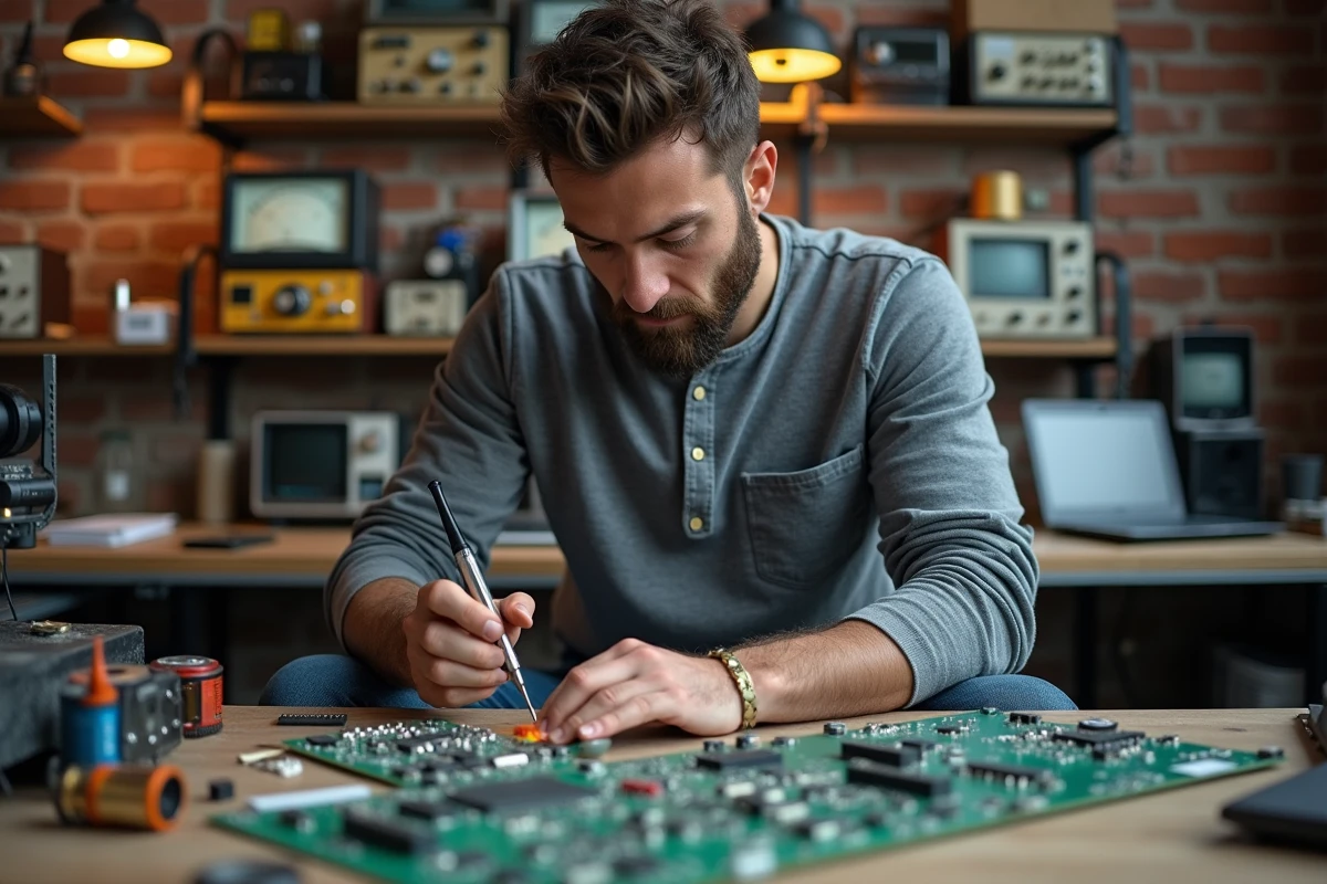 Homme soudant des composants électroniques dans un hackerspace collaboratif urbain