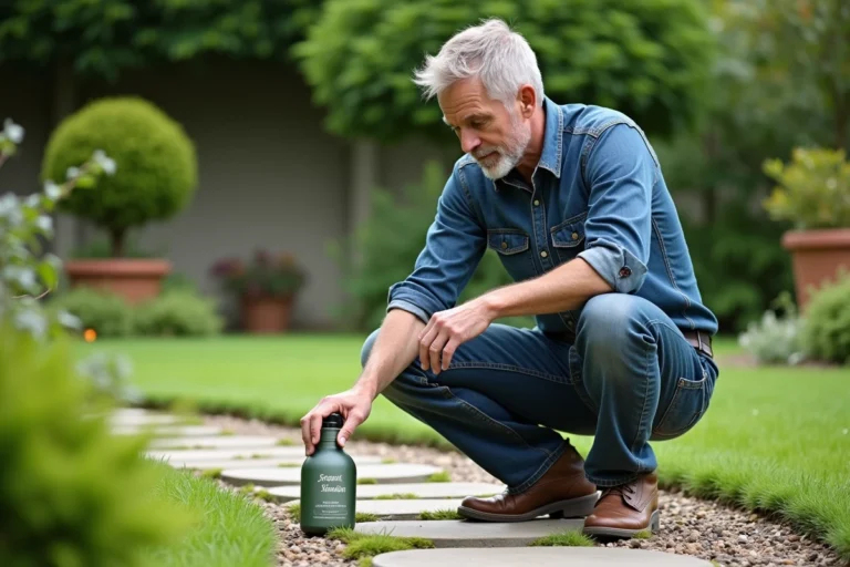 Homme d'âge moyen examine une bouteille antimoss dans le jardin