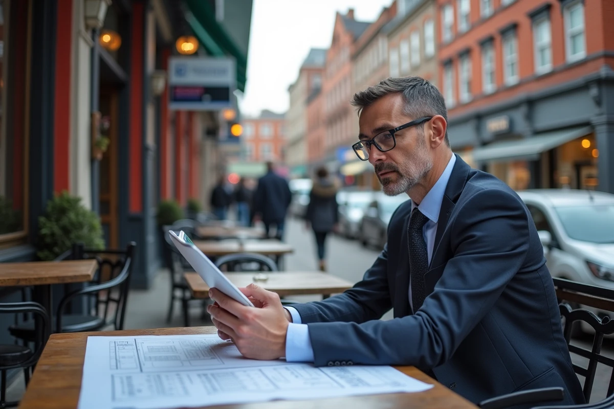 Homme en costume examine des plans sur une tablette en extérieur