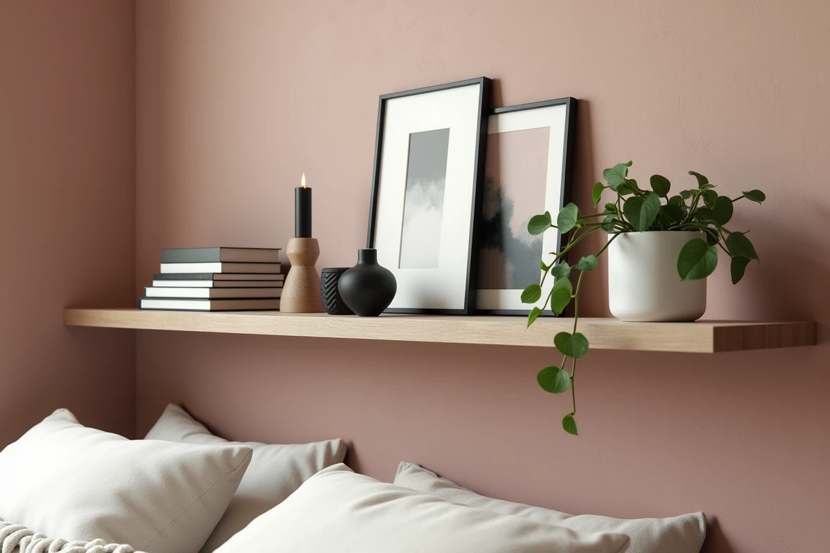 Étagère chambre décorée avec livres d'art, bougeoir noir, plante pothos et impression aquarelle sur mur en stuc rose poudré