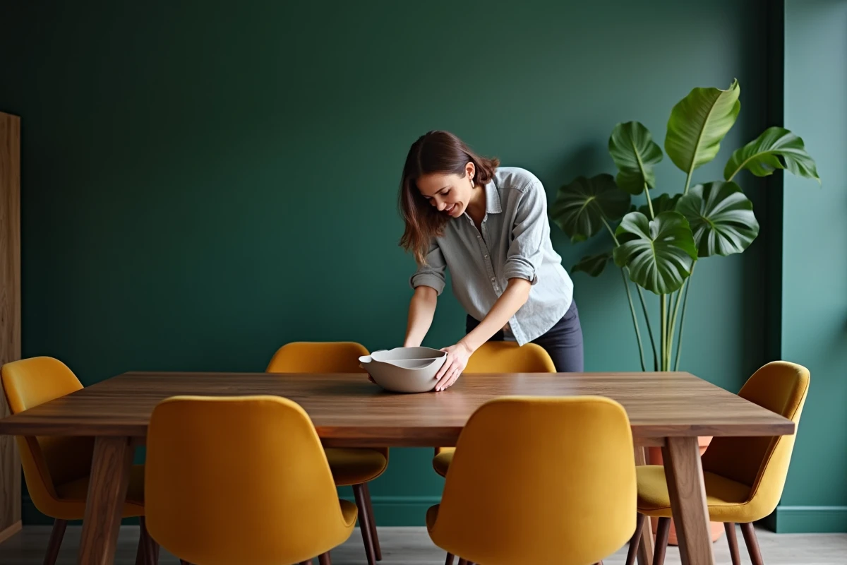 Femme arrangeant une décoration de table dans une salle à manger mid-century avec chaises en velours moutarde et mur vert forêt