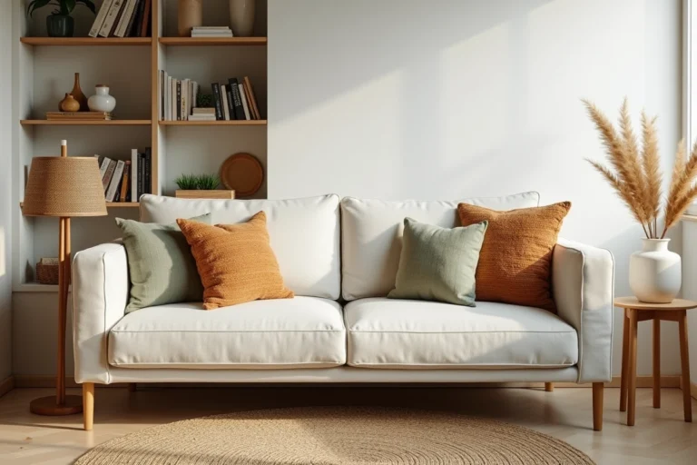 Coin salon scandinave cosy avec canapé en lin crème, coussins texturés et vase en céramique sur table en bois naturel