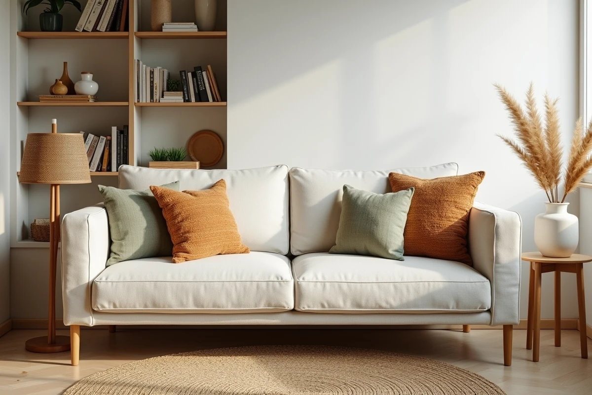 Coin salon scandinave cosy avec canapé en lin crème, coussins texturés et vase en céramique sur table en bois naturel