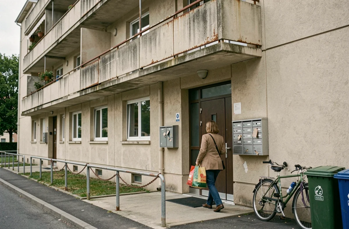 Immeuble d'habitation dégradé en périphérie de Blois avec architecture brutaliste et résidente en pied d'immeuble