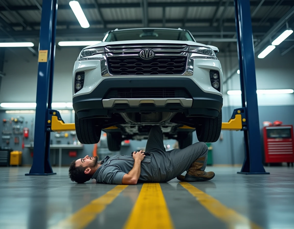 Mécanicien réalisant une inspection du dessous de caisse d'un SUV soulevé sur un pont élévateur dans un atelier de réparation automobile